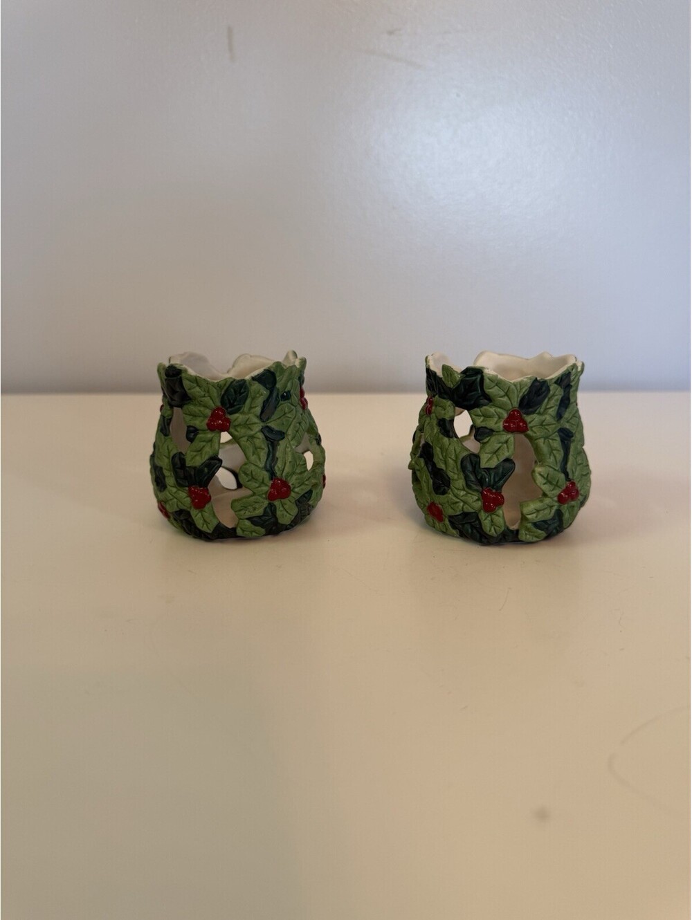 Vintage Ceramic Holly & Berry Votive Tea Light Candle Holder Set of 2 Christmas